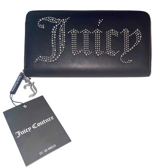 Juicy Couture Black Faux Leather Kimberly Rhinestone Logo Z/A Wallet Clutch Bag - Picture 1 of 11